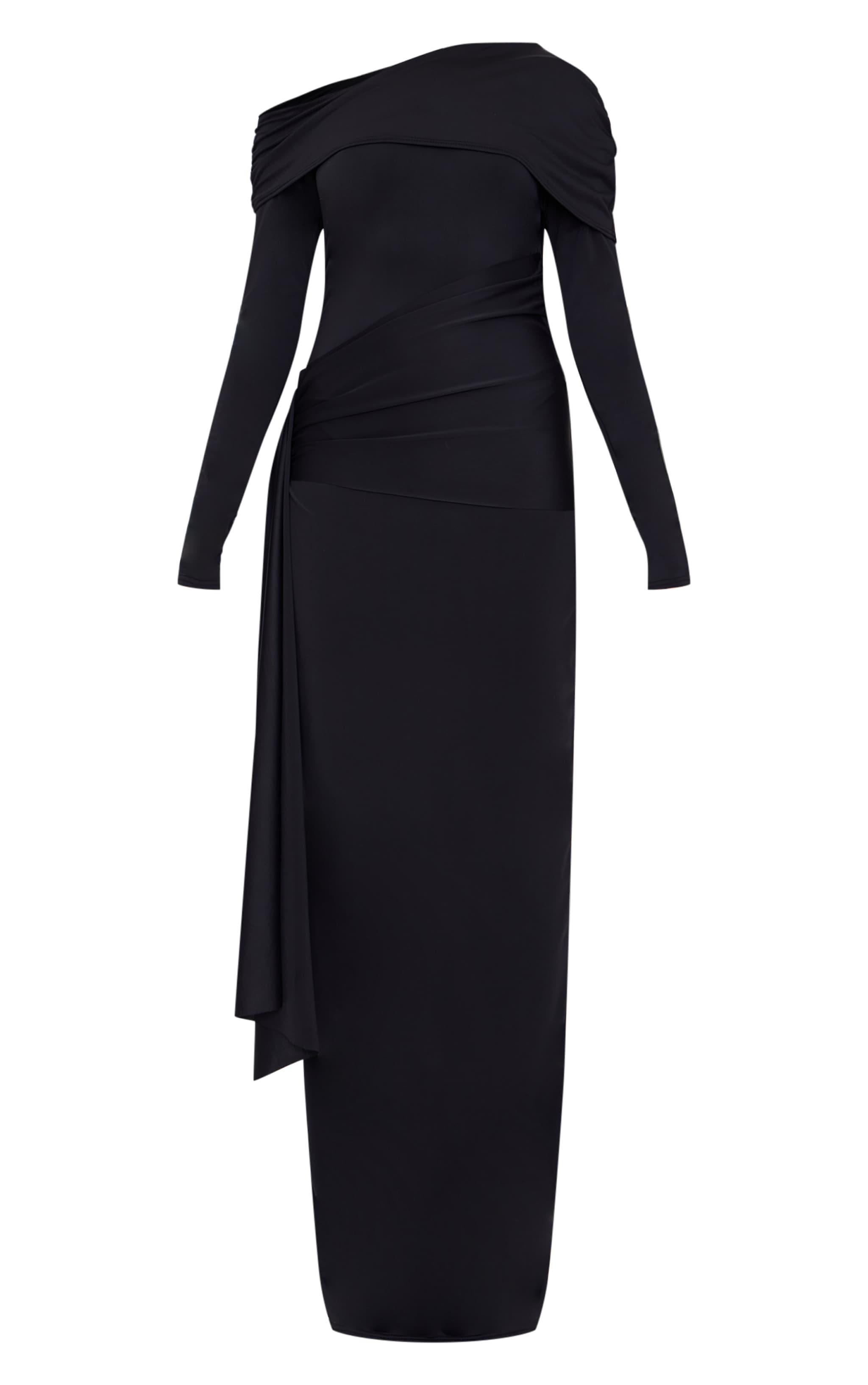  Black Matte Sculpt Fold Over Ruched Drape Maxi Dress Product Image