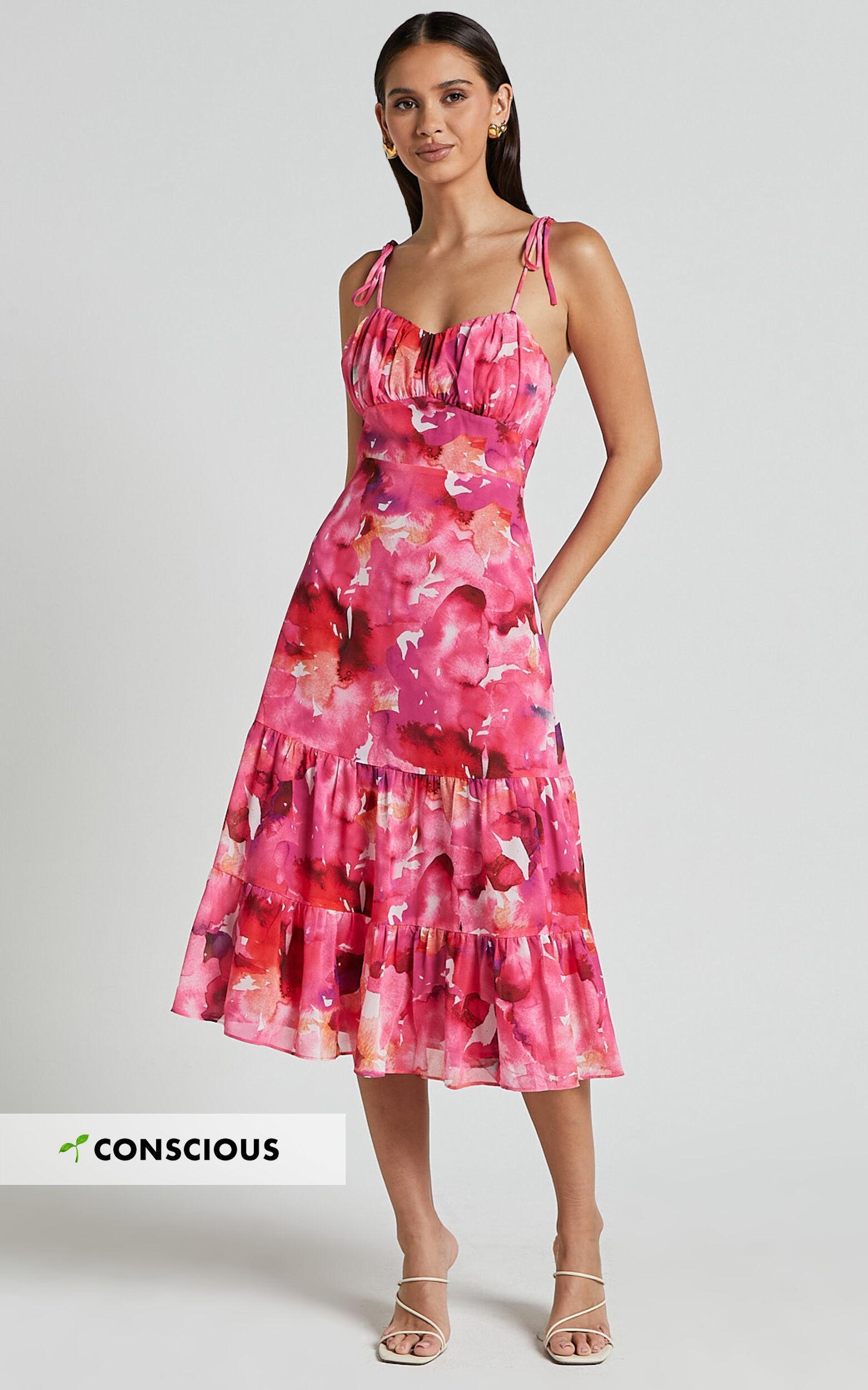 Marina Midi Dress - Tie Shoulder Ruched Bust Dress in Evie Print Product Image