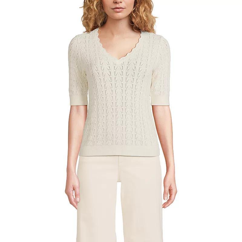 Womens Lands End Heirloom Pointelle Elbow Sleeve V-Neck Sweater Product Image