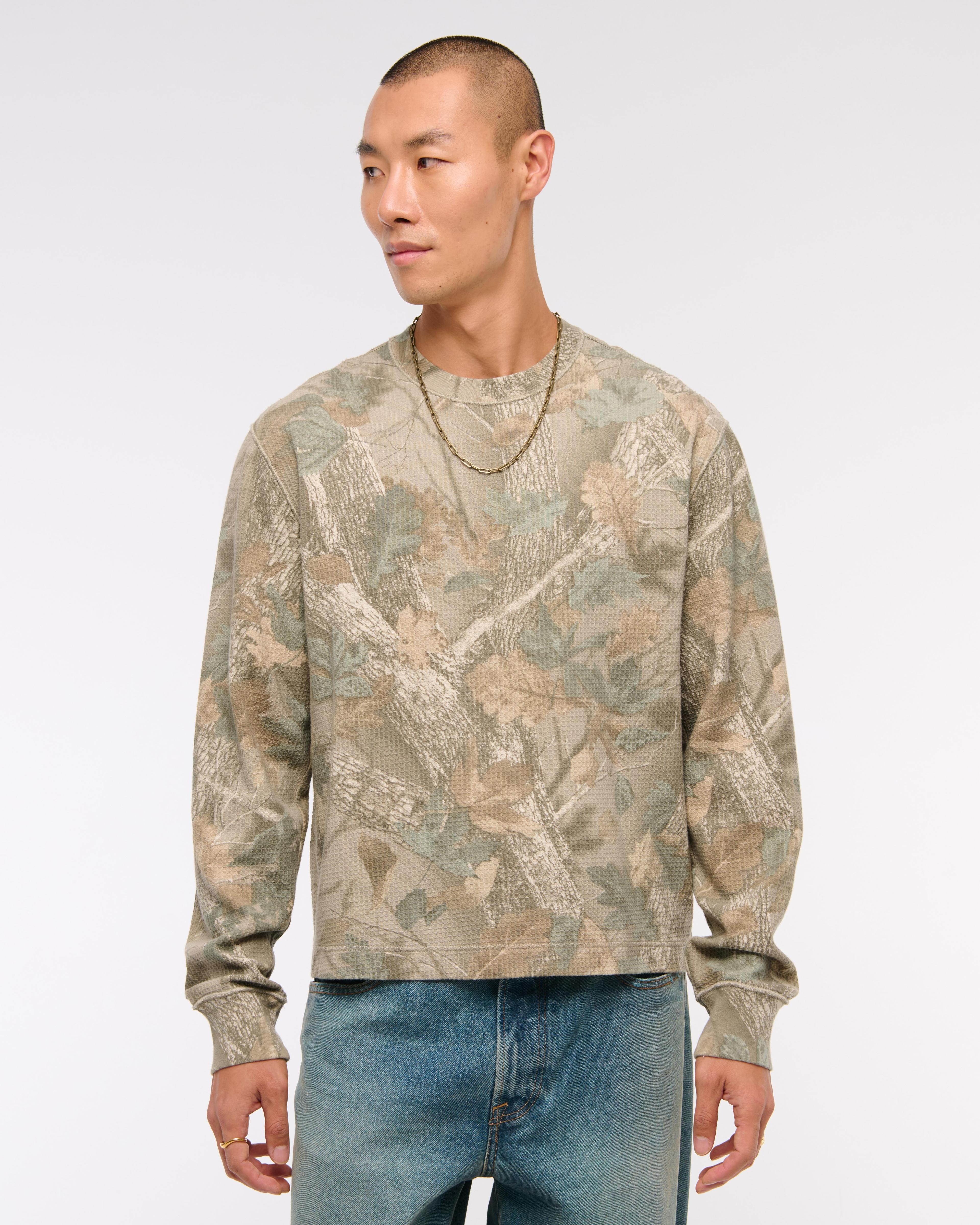 Long-Sleeve Grid Waffle Cropped Tee Product Image