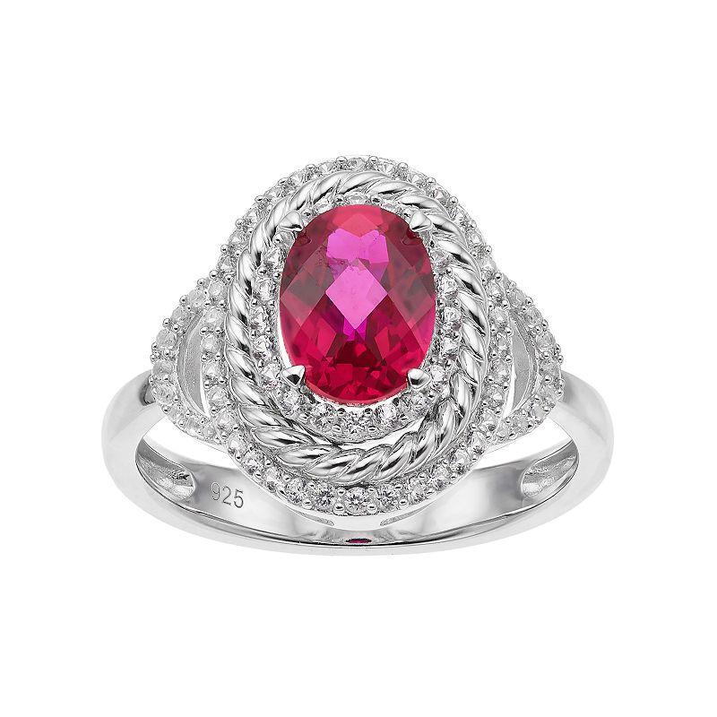 Sterling Silver Lab-Created Ruby & White Sapphire Oval Halo Ring, Womens Product Image