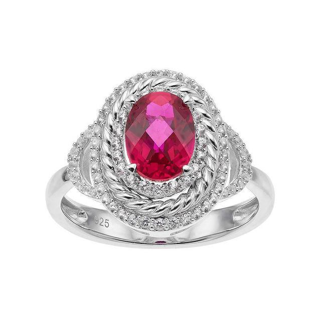 Sterling Silver Lab-Created Ruby & White Sapphire Oval Halo Ring, Womens Product Image