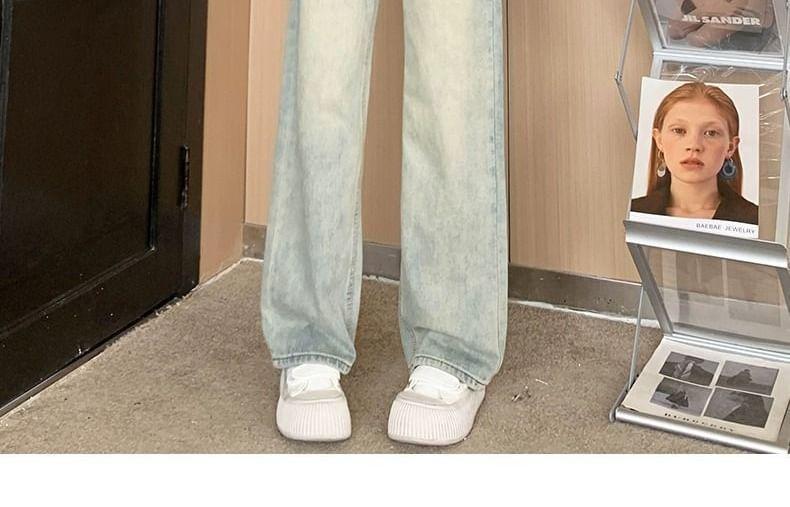 High Waist Washed Straight Leg Tapered Jeans Product Image