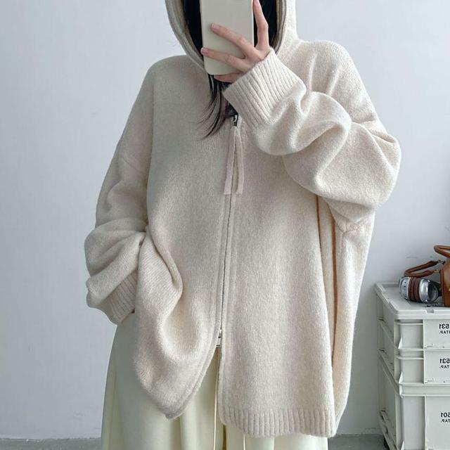 Hooded Drop Shoulder Plain Zip Up Oversized Cardigan Product Image