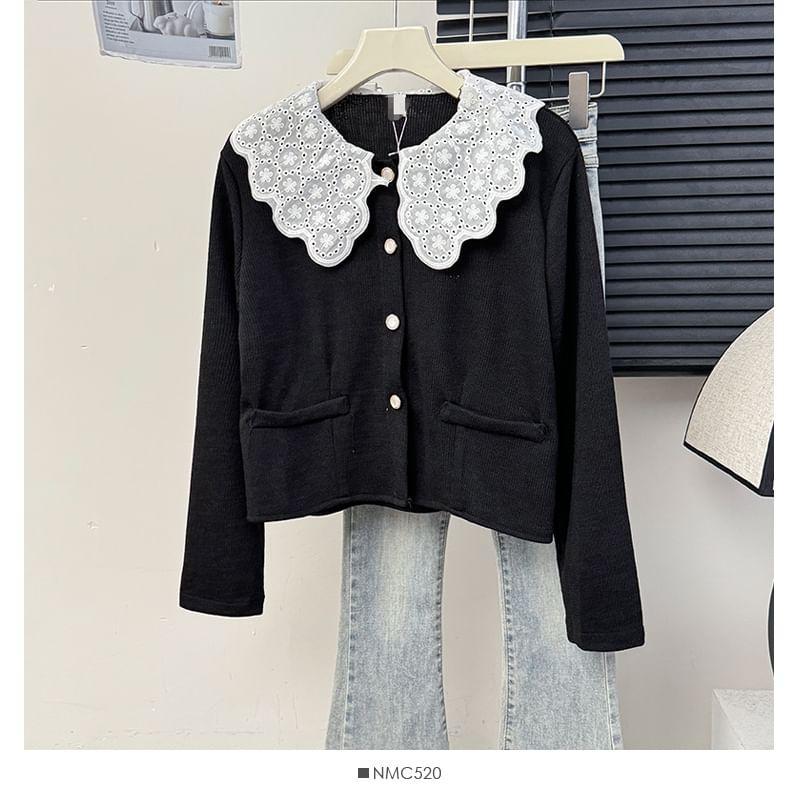 Lace-Collar Crew-Neck Cardigan in 5 Colors Product Image