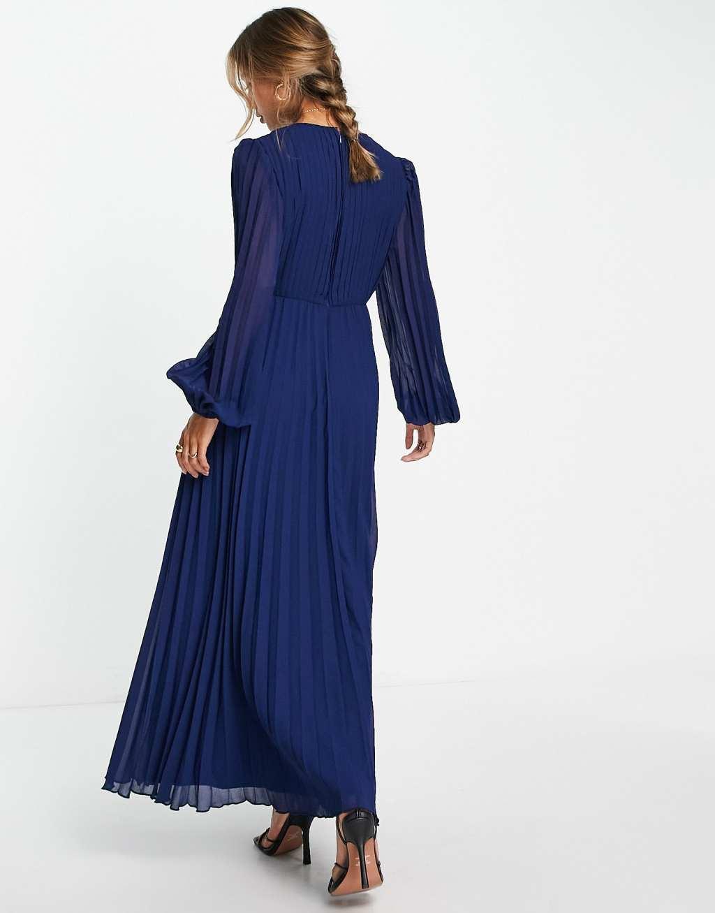 ASOS DESIGN pleated bodice plunge neck midi dress in navy Product Image