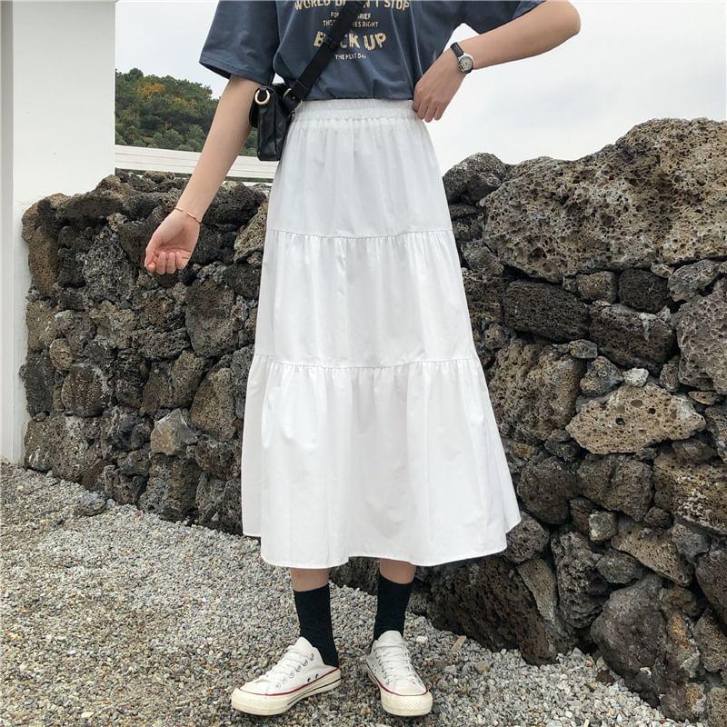 Elastic Waist Plain Midi A-Line Skirt Product Image