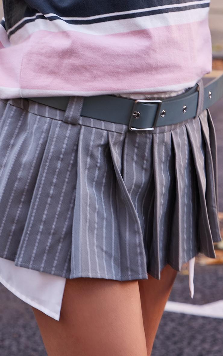 Grey Stripe Pleated Belt Detail Mini Skirt Product Image