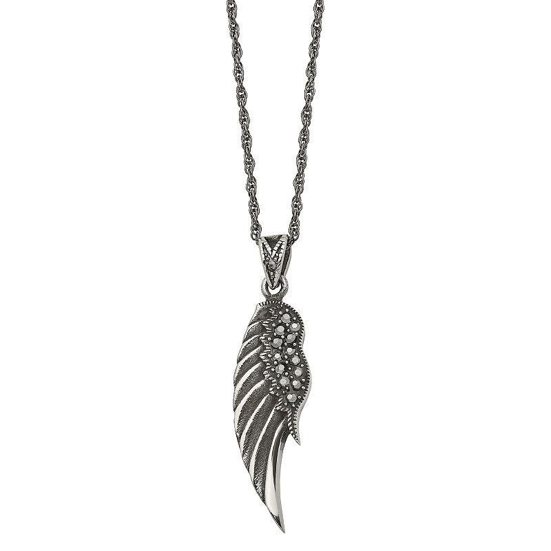 Mens Antiqued Stainless Steel Marcasite Wing Pendant Necklace White Product Image