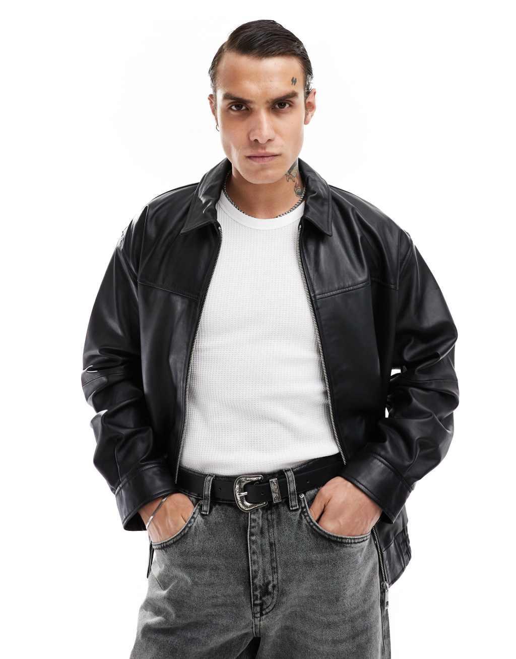 ASOS DESIGN premium oversized real leather harrington jacket in black Product Image