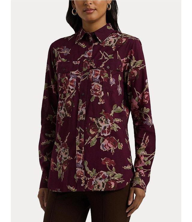 Lauren Ralph Lauren Petite Size Floral Cotton Voile Point Collar Long Sleeve Button-Front Shirt Product Image