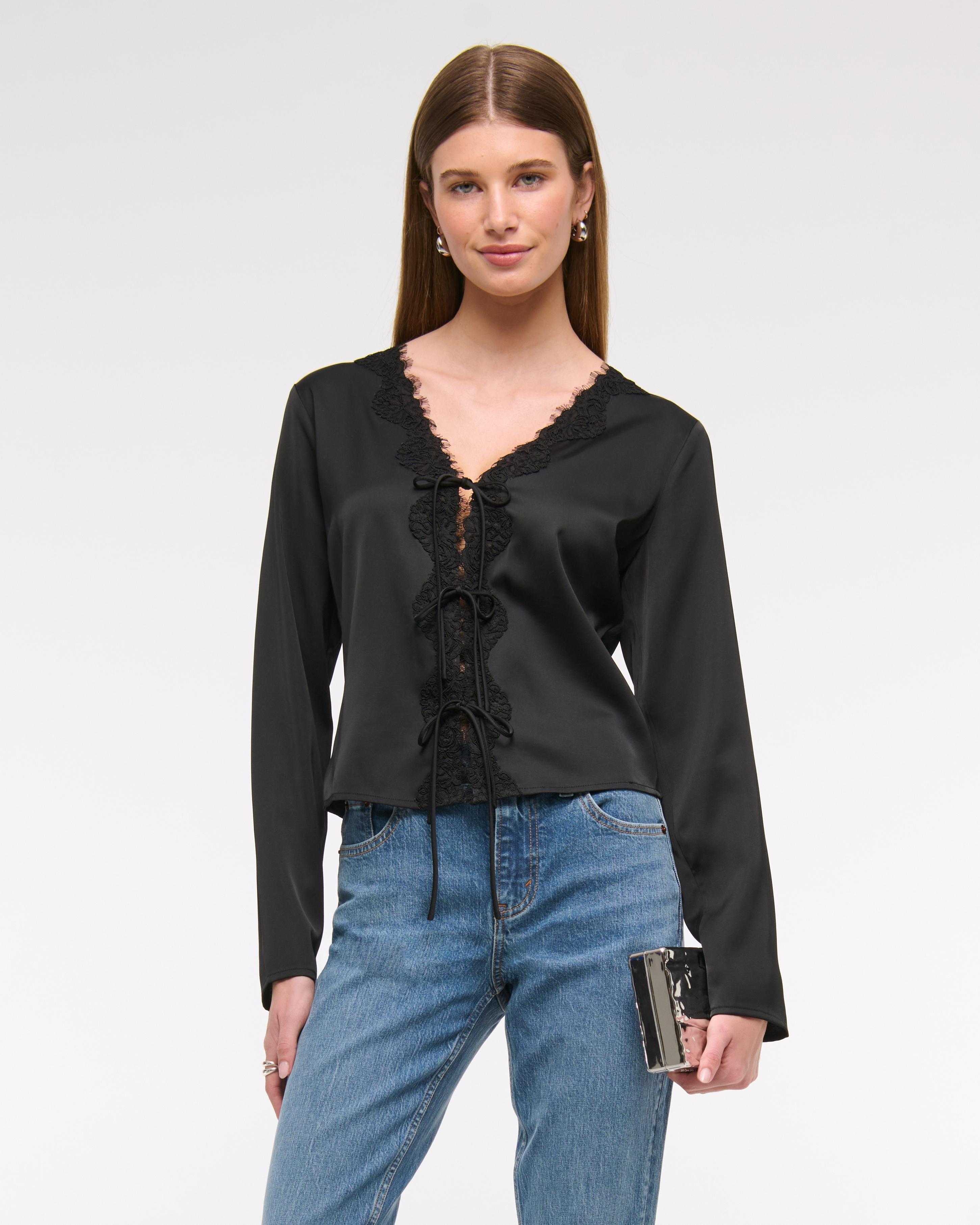 Long-Sleeve Lace-Trim Tie-Front Top Product Image