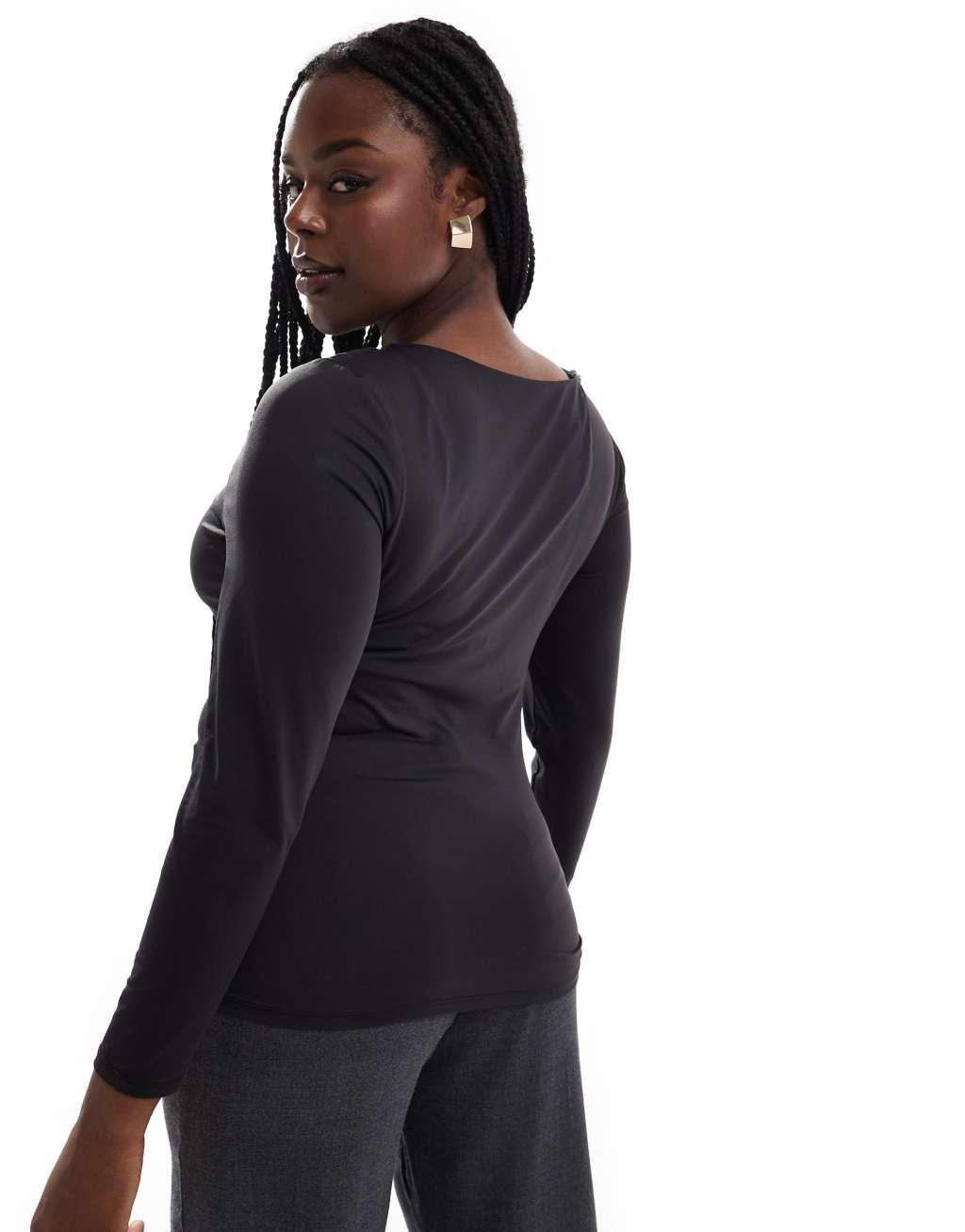 ONLY Curve 2 way long sleeve square neck top in black Product Image