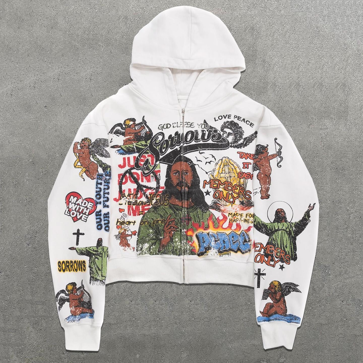 Jesus Multi-Element Print Graphic Loose Velvet Pocket Zip Hoodie Product Image