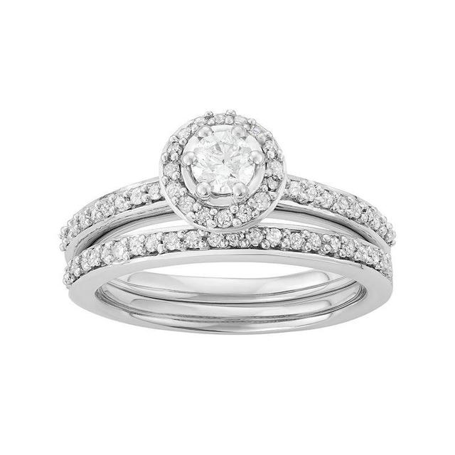 10k White Gold 1/2 Carat T.W. Diamond Halo Engagement Ring Set, Womens Product Image