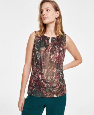 Petite Printed Keyhole Crewneck Sleeveless Top Product Image