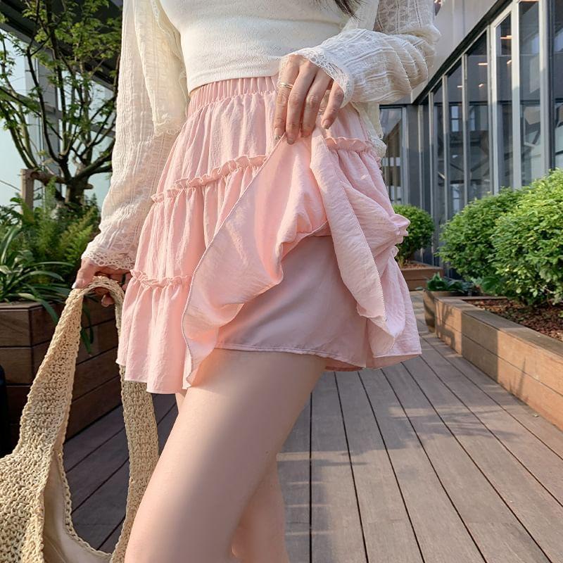 Balletcore Elastic Waist Frill Tim Tiered Mini A-Line Skirt Product Image