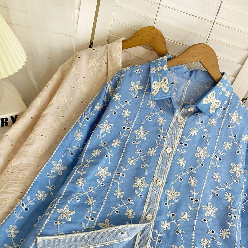 Long-Sleeve Collared Floral Embroidered Eyelet Button-Up Blouse Product Image