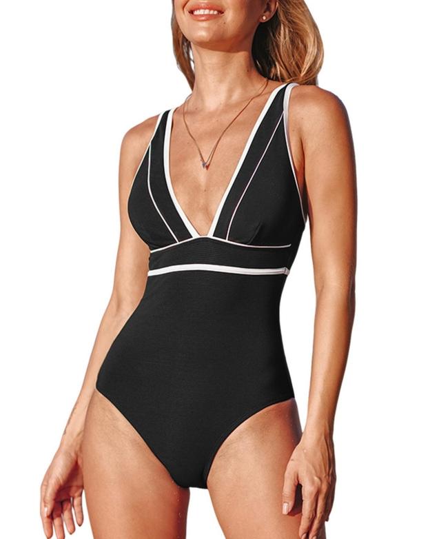 Cupshe Womens Chasing Sunshine Black and White Plunging One-Piece Product Image