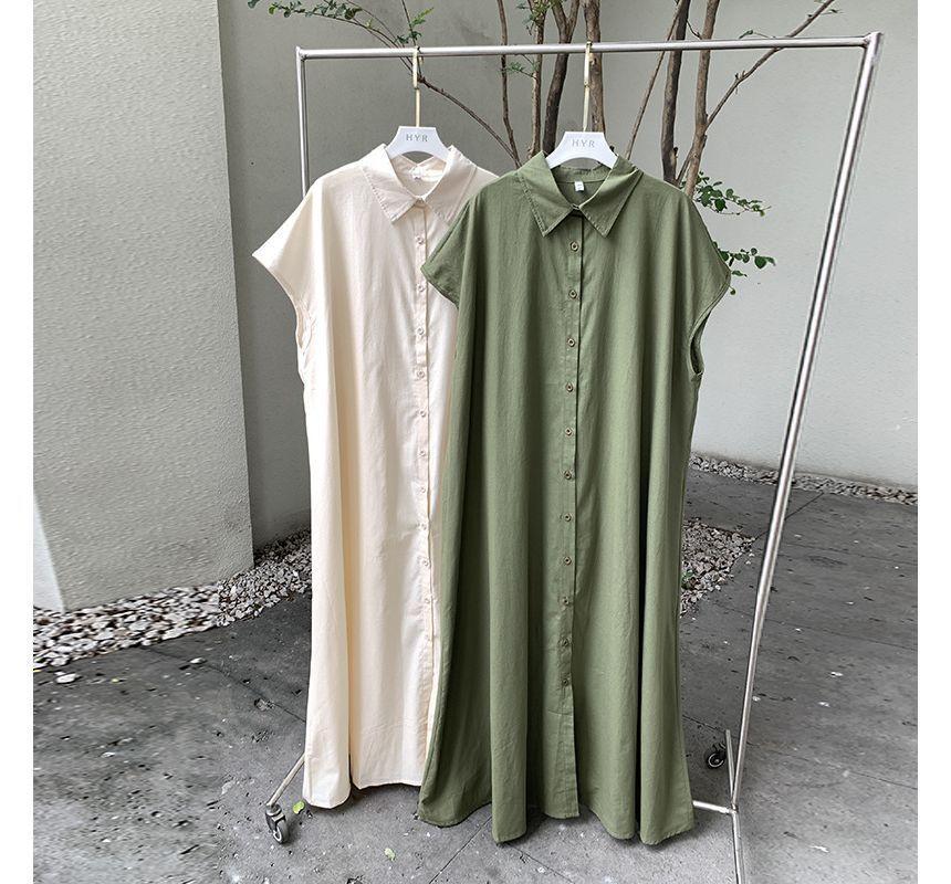 Short-Sleeve Collared Plain Maxi A-Line Shirt Dress Product Image