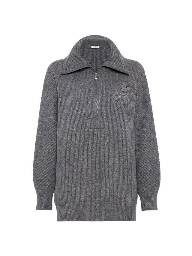 Womens Sweater with Half Zip and Precious Flower Crest Product Image