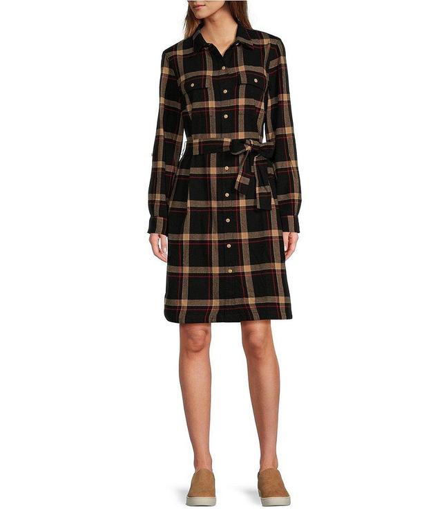 L.L.Bean Signature Camp Flannel Roll-Tab Long Sleeve Herringbone Shirt Dress Product Image