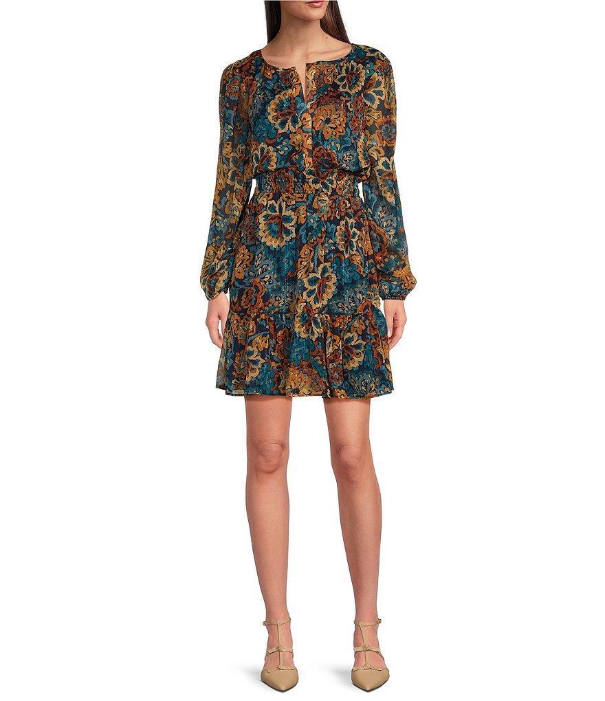 Leslie Fay Floral Print Chiffon Split V-Neck Balloon Sleeve Smocked Waist Dress Product Image