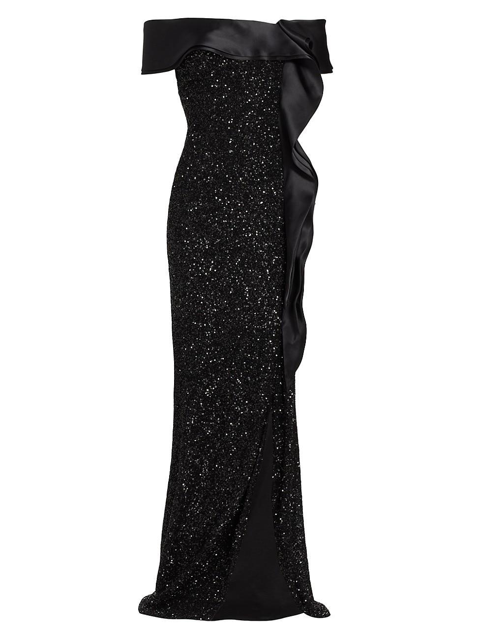 Womens Sequined Satin-Ruffled Column Gown Product Image