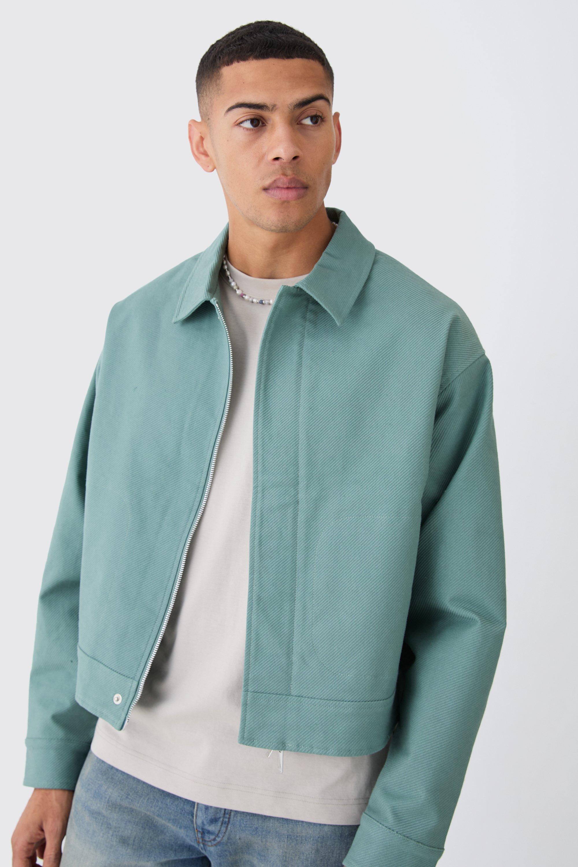 Mens Green Boxy Smart Ribbed Twill Harrington Jacket, Green Product Image