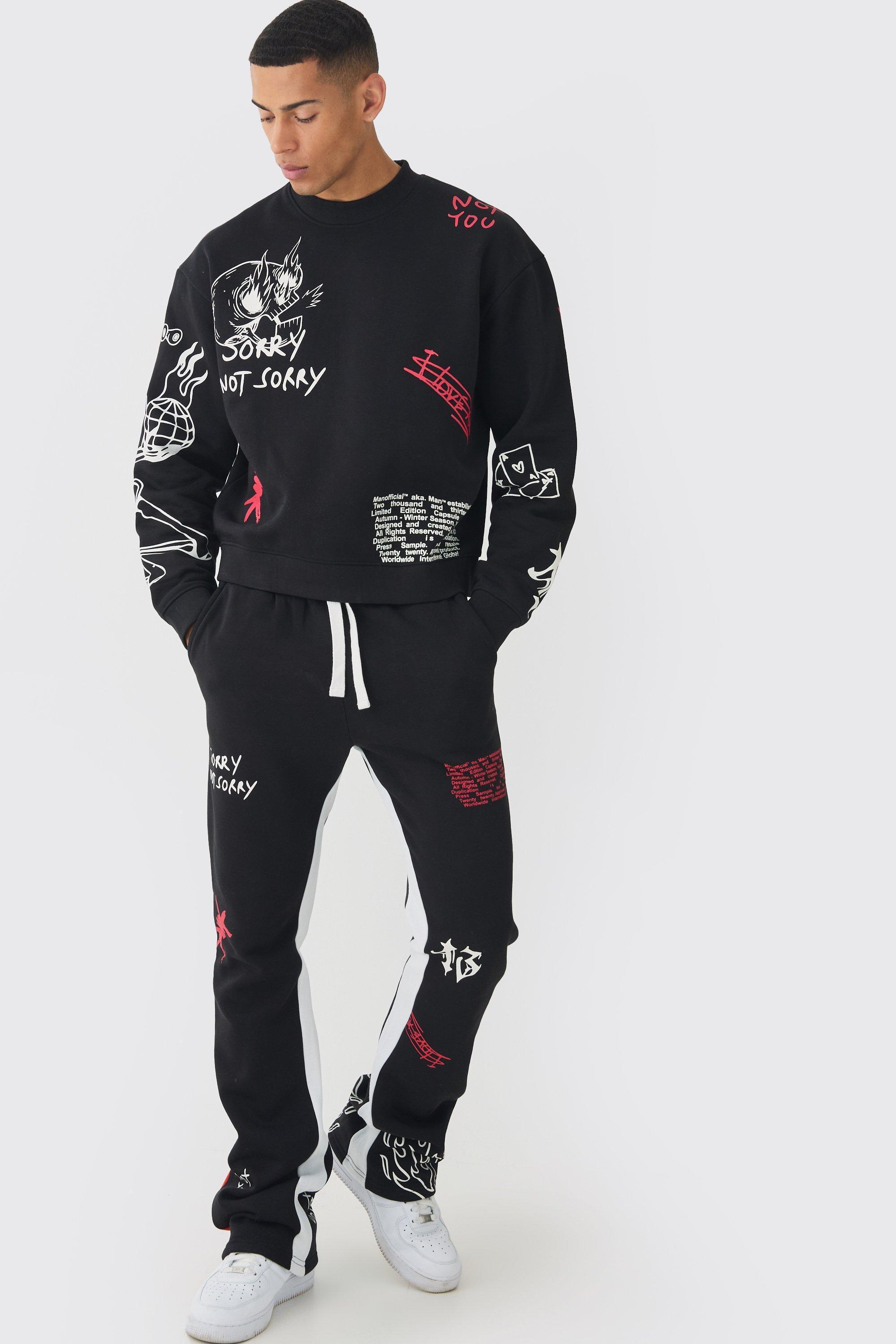 Oversized Boxy AOP Doodle Sweatshirt Tracksuit | boohooMAN USA Product Image