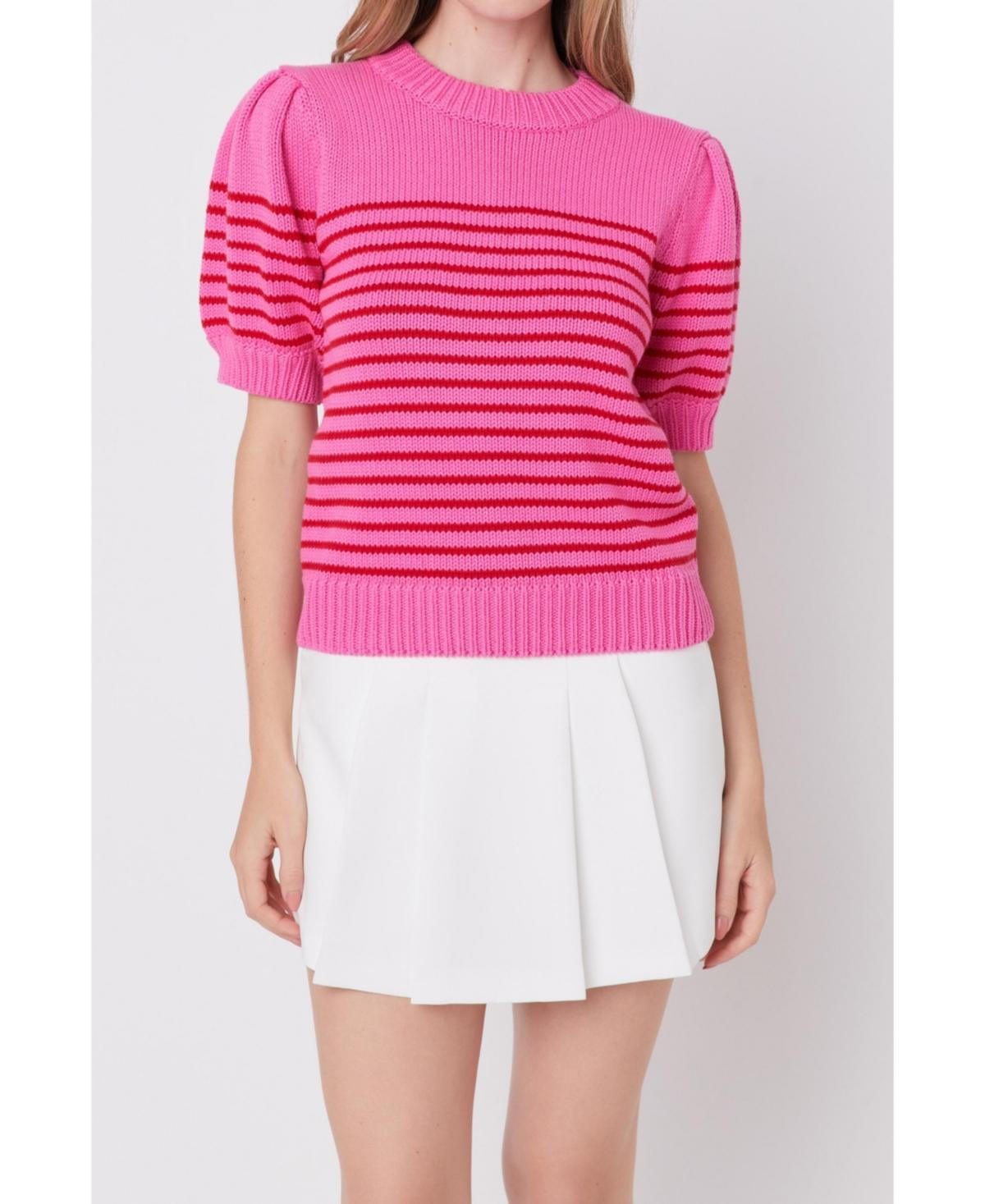 Womens Stripe Short Puff Sleeve Sweater - Black Product Image