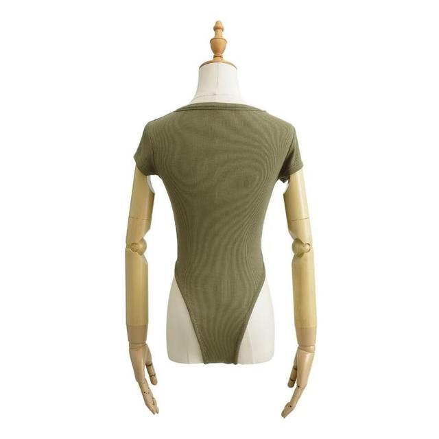 Short-Sleeve Round Neck Plain Ribbed Bodysuit Top Product Image