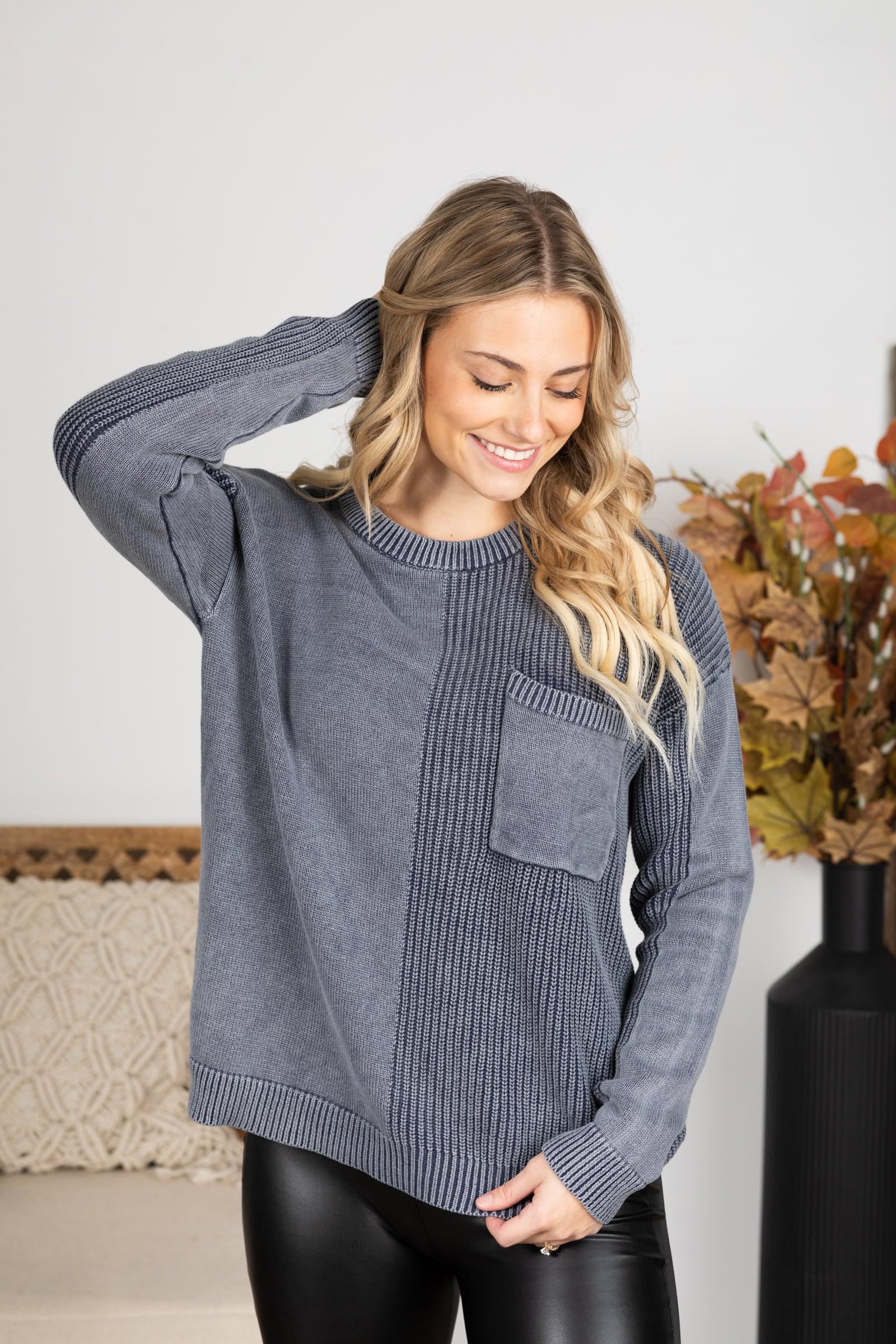 Washed Waffle Knit Sweater With Pocket Product Image