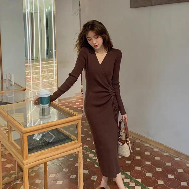 Long-Sleeve V-Neck Knit Maxi Sheath Dress Product Image