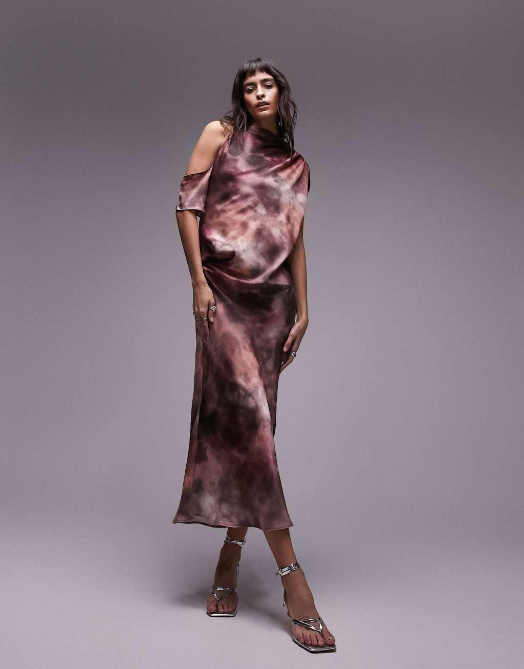 Topshop off the shoulder midi column dress in blurred print Product Image