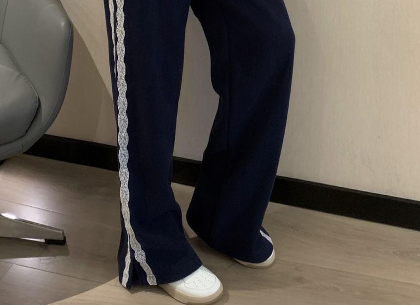 High Waist Lace-Trim Loose-Fit Wide-Leg Sweatpants Product Image