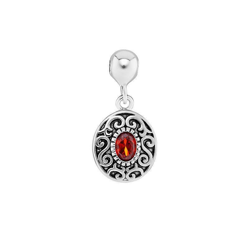 PRIMROSE Sterling Silver Polished Oxidized Filigree with Cubic Zirconia Oval Sliding Charm, Womens, Red Product Image