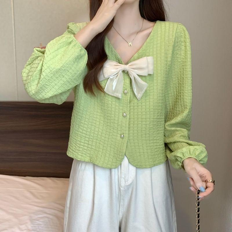 Puff-Sleeve V-Neck Plain Bow Blouse Product Image