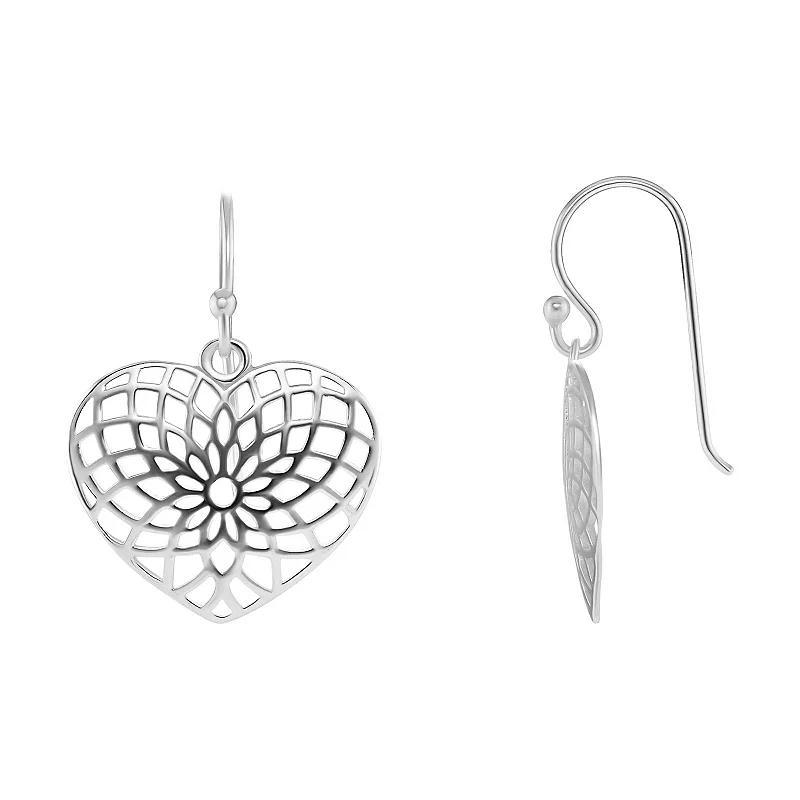 PRIMROSE Sterling Silver Polished Filigree Heart Drop Earrings, Womens, Silver Tone Product Image