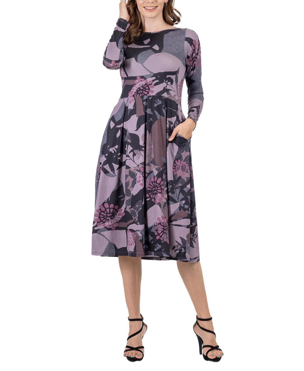 24seven Comfort Apparel Womens Floral Long Sleeve Pleated Pocket Midi Dress Product Image