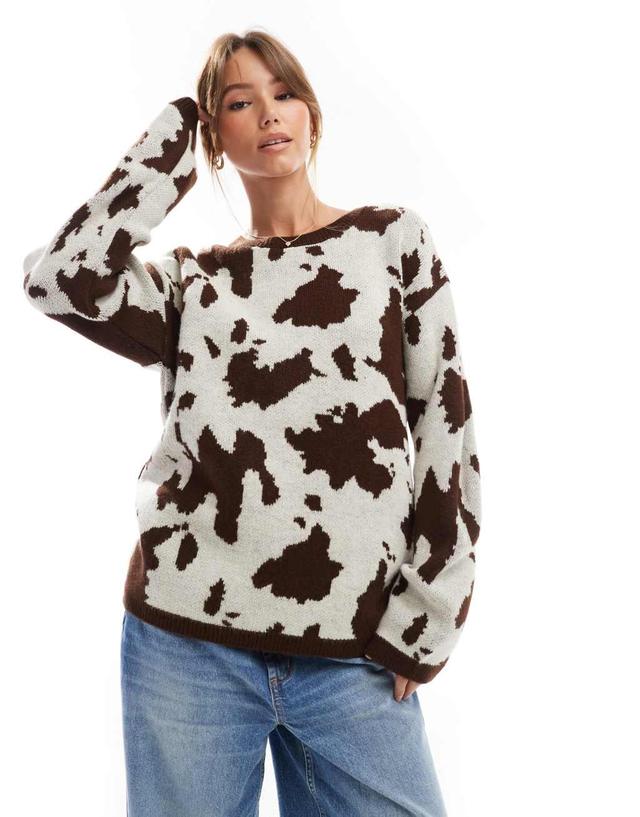 ASOS DESIGN fluffy knitted sweater in cow print Product Image