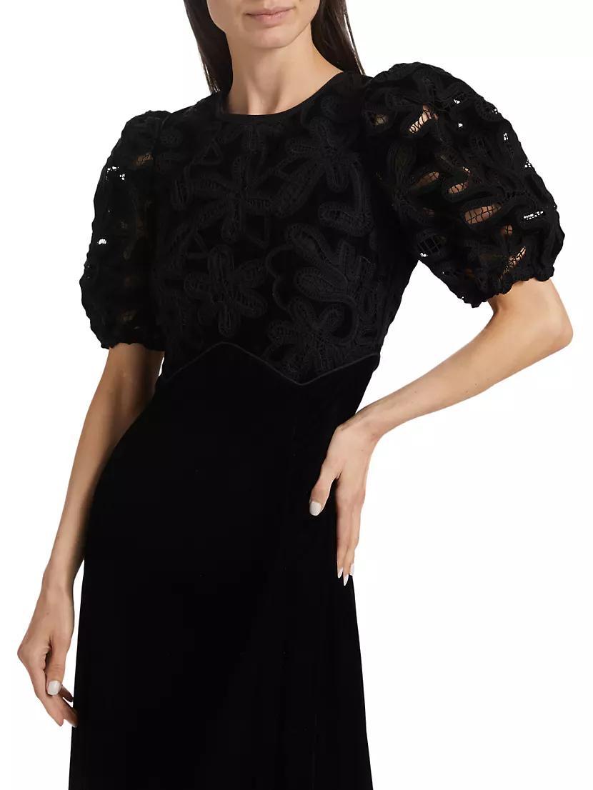 Alice Embroidered Velvet Puff-Sleeve Midi-Dress Product Image