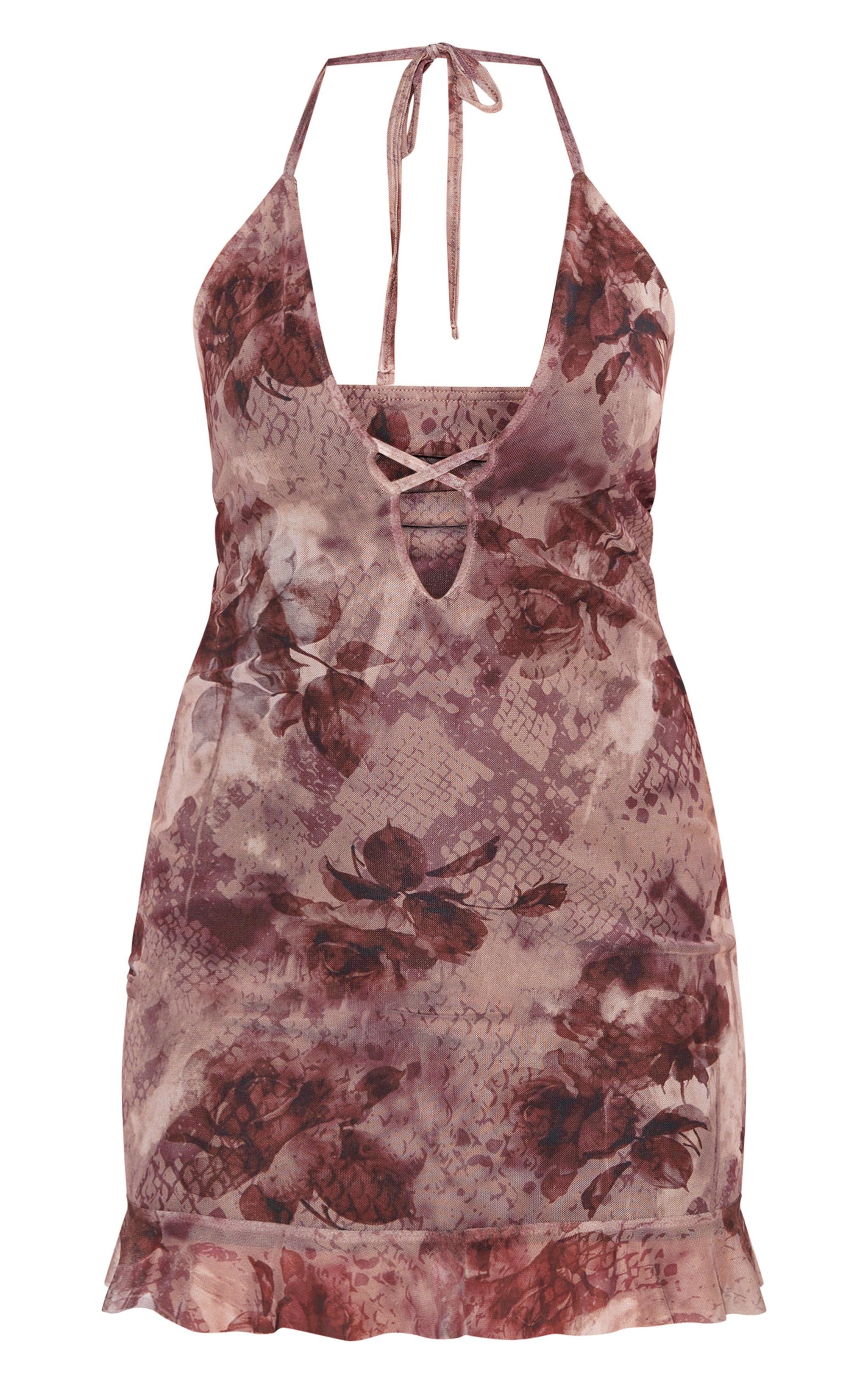 Brown Floral Print Cut Out T Bar Mini Dress Product Image