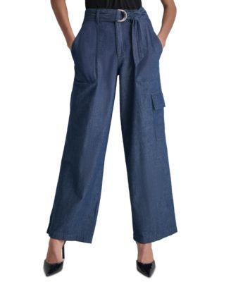 Women's High Rise Belted Wide-Leg Cotton Denim Cargo Pants Product Image