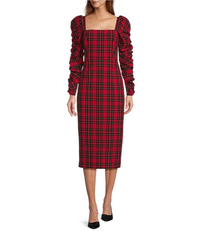 Antonio Melani Elena Plaid Square Neck Long Ruched Sleeve Dress Product Image