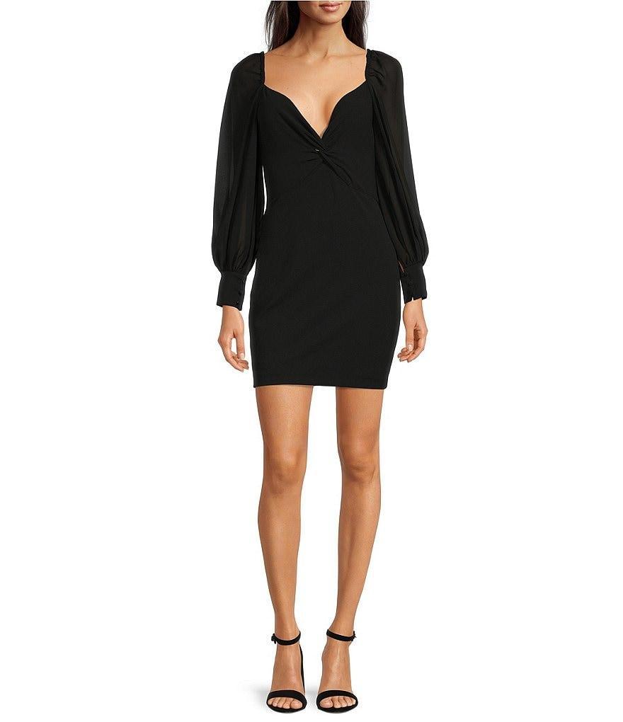 Belle Badgley Mischka Dalia Deep Sweetheart Neck Long Balloon Sleeve Stretch Crepe Ruched Twist Front Bodycon Mini Dress Product Image