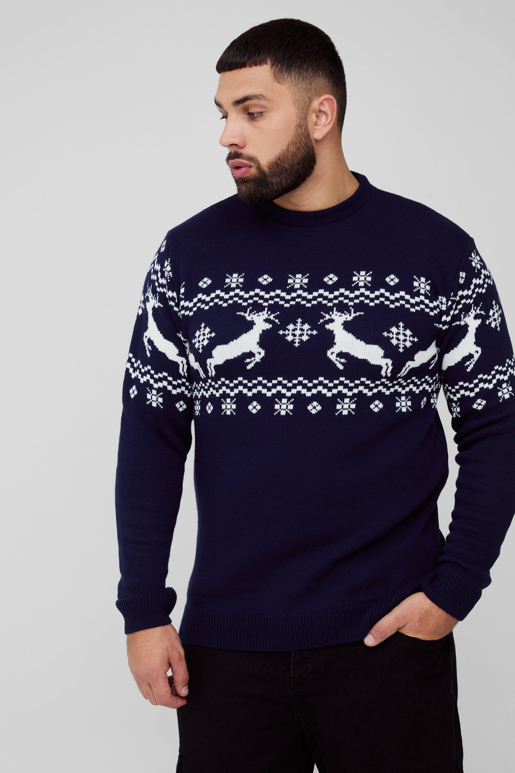 Plus Reindeer Fairisle Panel Christmas Sweater | boohooMAN USA Product Image