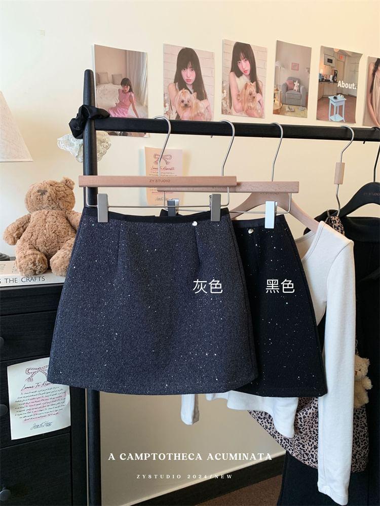 High Rise Plain Glitter Mini A-Line Skirt Product Image