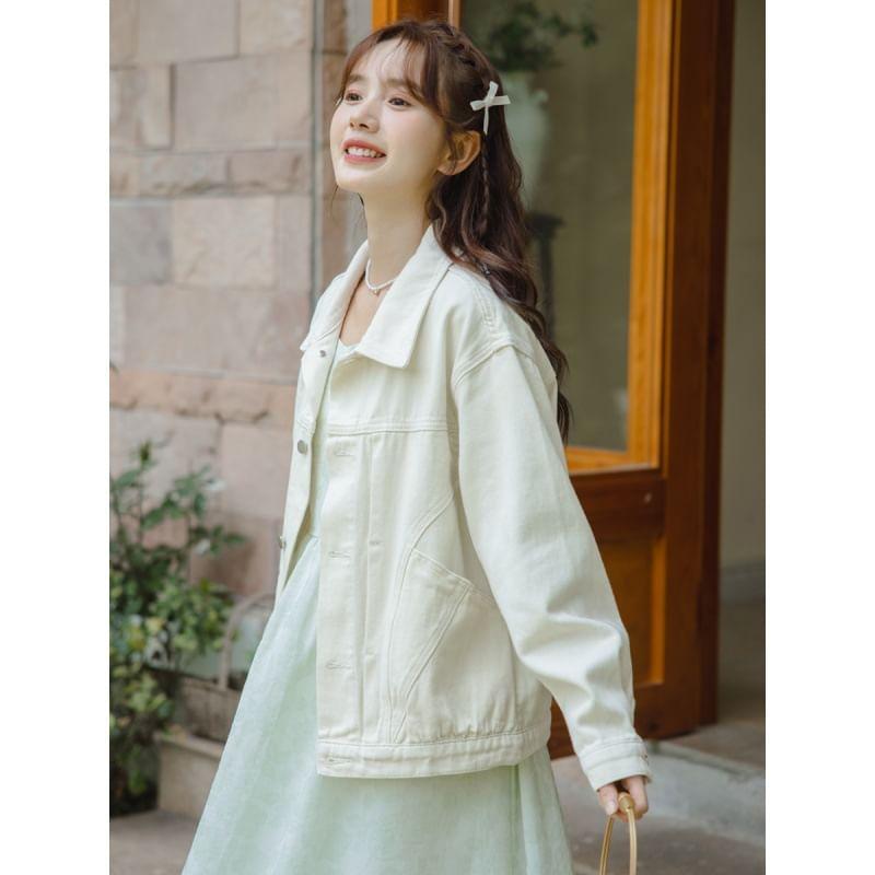 Collar Plain Denim Button Jacket Product Image