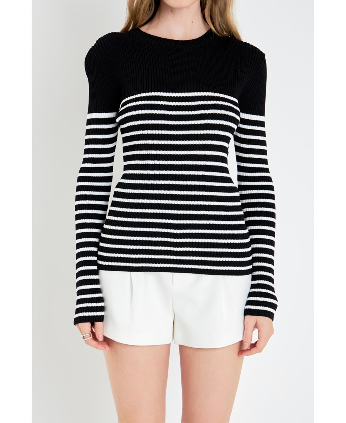 English Factory Womens Stripe Long Sleeve Knit Top - Black Product Image